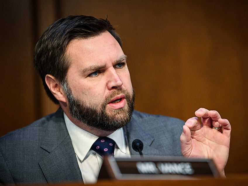 Senator J. D. Vance, a Republican from Ohio, questions US Federal Reserve Board Chair Jerome Powell