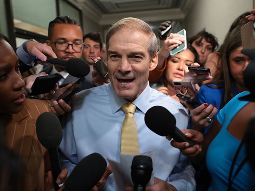 Rep. Jim Jordan (R-OH) speaks to reporters as House Republicans hold a caucus meeting at the Longworth House Office Building on October 13, 2023 in Washington, DC. House Republicans continue to debate their pick for Speaker after their initial nominee, Rep. Steve Scalise (R-LA), withdrew his name from the race …