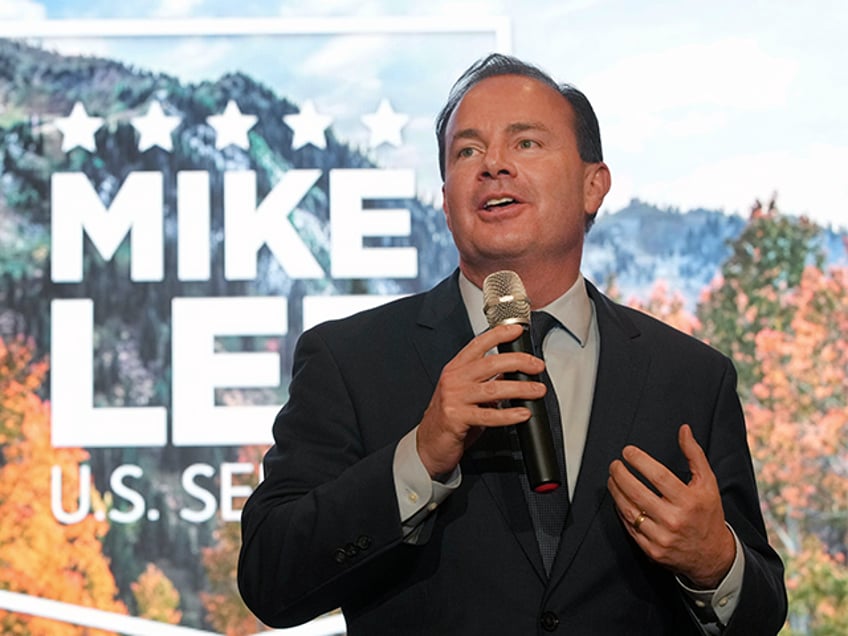 U.S. Sen. Mike Lee, of Utah, talks to supporters during a Utah Republican election night p