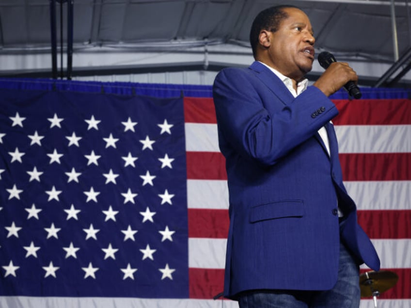 Republican presidential candidate conservative radio talk show host Larry Elder speaks to