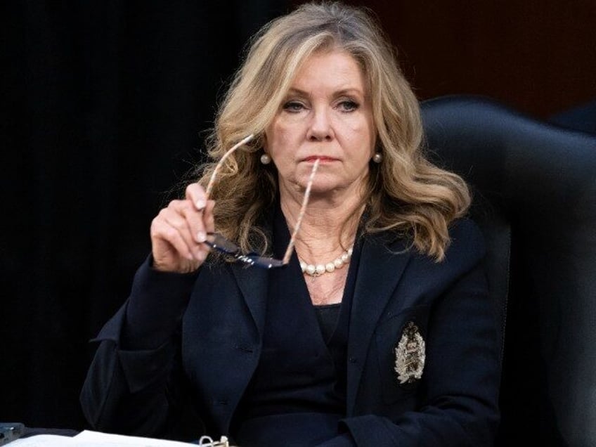 Sen. Marsha Blackburn, R-Tenn., listens as the Senate Judiciary Committee begins debate on