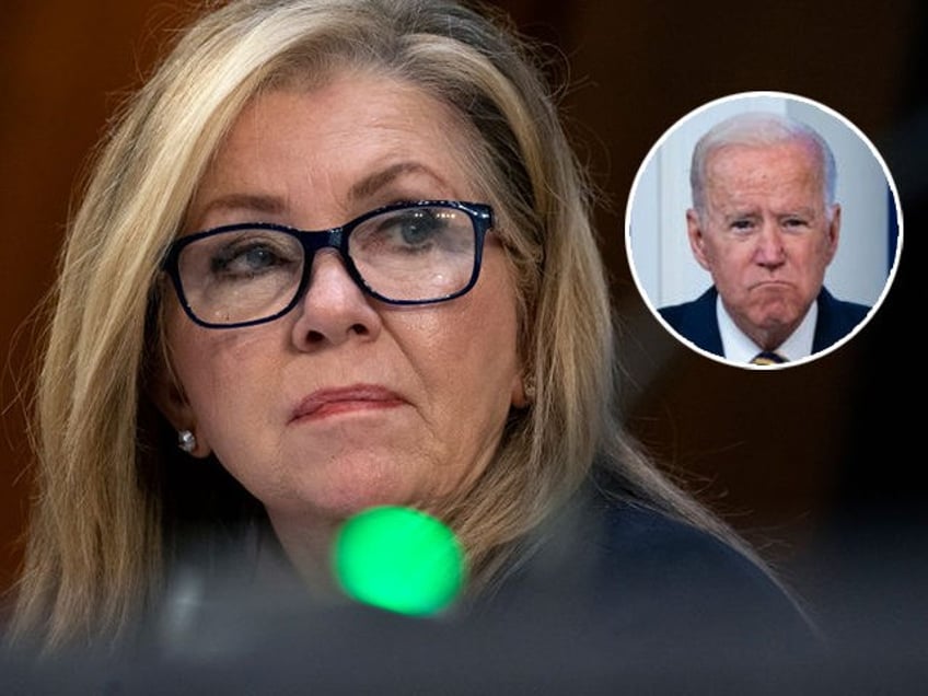 (INSET: Joe Biden) WASHINGTON, DC - OCTOBER 14: U.S. Sen. Marsha Blackburn (R-TN) looks on