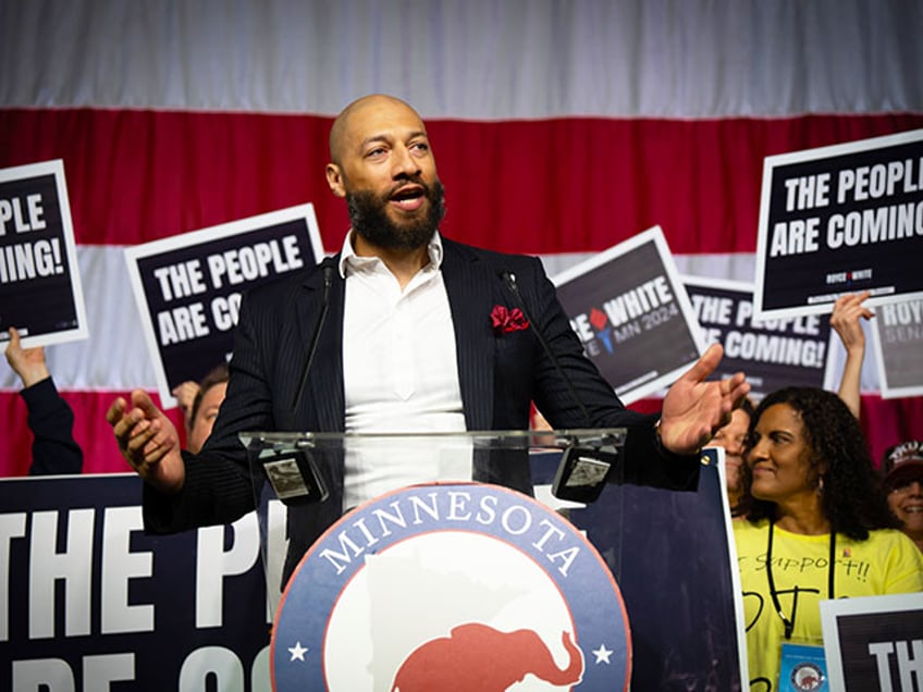 Former basketball player Royce White takes the stage at the Minnesota Republican Party convention at St. Paul's RiverCentre after winning the GOP endorsement to challenge Democratic incumbent Amy Klobuchar for her U.S. Senate seat, Saturday, May 18, 2024 St. Paul, Minn. (Photo by Glen Stubbe/Star Tribune via Getty Images)