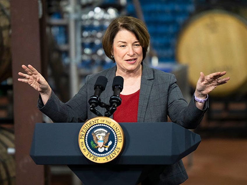 Sen. Amy Klobuchar (D-MN) speaks about funding for the I-535 Blatnik Bridge before a visit