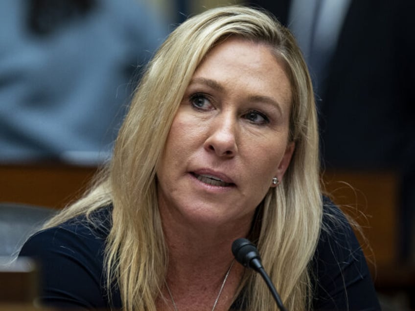 Representative Marjorie Taylor Greene, a Republican from Georgia, speaks during a House Ov