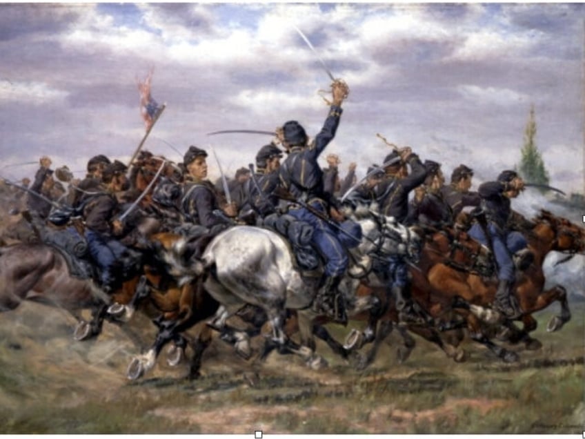 The Pell Mell Charge, 1887, by William Brooke Thomas Trego depicts a rushed charge of the Union Cavalry