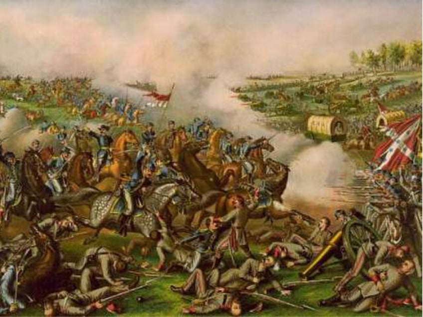 lithograph of Sheridan's charge at Five Forks, published c.1886 by Kurz & Allison