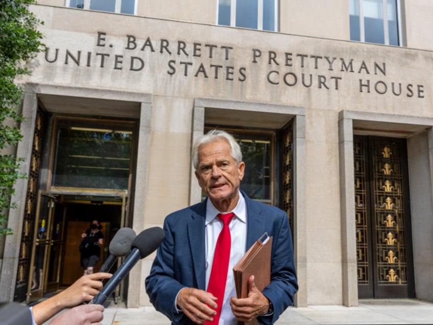 WASHINGTON, DC - JUNE 03: Peter Navarro talks to reporters after his hearing in federal court on June 03, 2022 in Washington, DC. A federal grand jury indicted former Trump White House adviser Peter Navarro for contempt of Congress after refusing to cooperate with the House January 6 Committee’s investigation. (Photo by Tasos Katopodis/Getty Images)