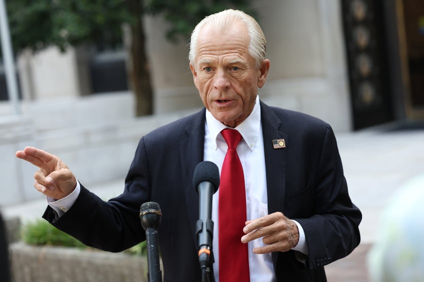 WASHINGTON, DC - SEPTEMBER 07: Peter Navarro, an advisor to former U.S. President Donald Trump, speaks to reporters as he arrives at the E. Barrett Prettyman Courthouse on September 07, 2023 in Washington, DC. The jury is expected to begin deliberating today in Navarro's contempt of Congress case for failing to comply with a congressional subpoena from the House January 6 Committee. (Photo by Kevin Dietsch/Getty Images)