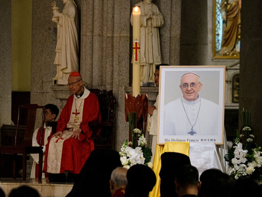 HONG KONG, CHINA - APRIL 28: Cardinal John Tong (L) attends the Requiem Mass For Pope Fran