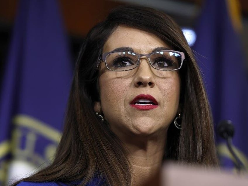 Rep. Lauren Boebert (R-CO) speaks during a news conference with the House Freedom Caucus o