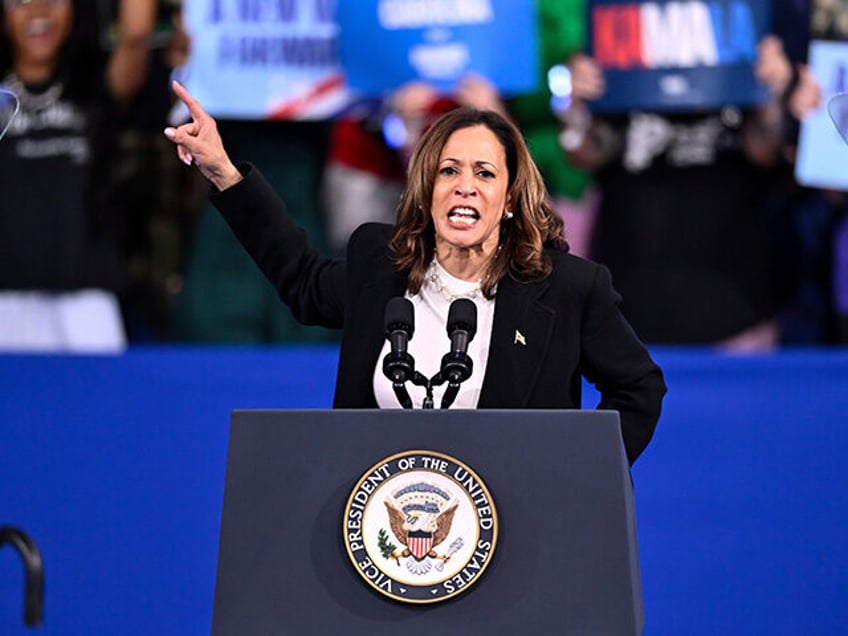 Democratic presidential nominee Vice President Kamala Harris speaks during a campaign even