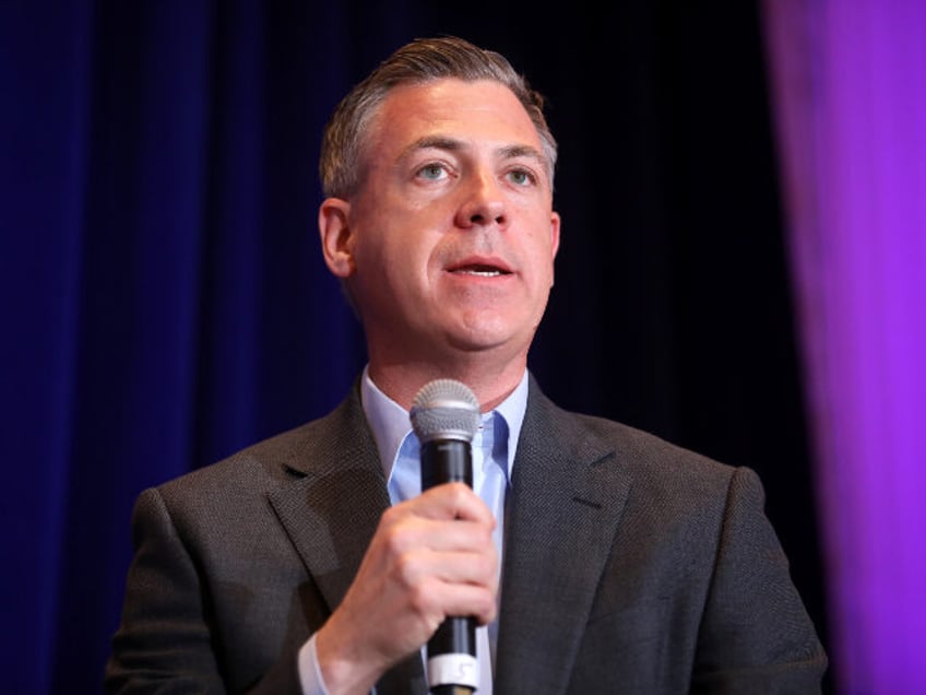 U.S. Congressman Jim Banks speaking with attendees at the Republican Jewish Coalition&#039