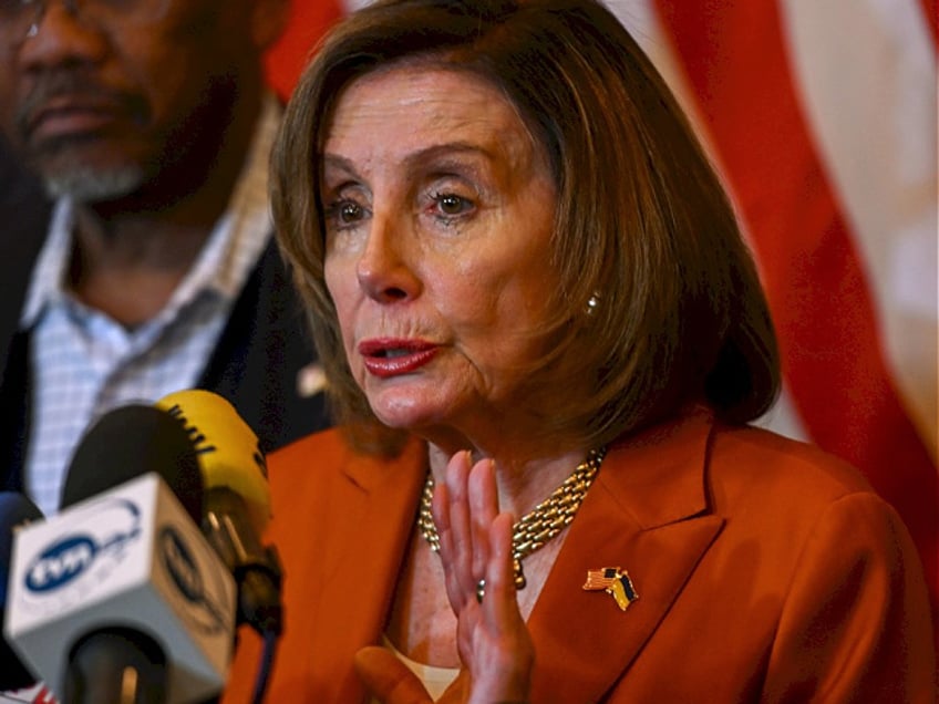 RZESZOW, POLAND - MAY 01: Nancy Pelosi holds a press conference next to US members of congress after a visit to Kyiv in Rzeszow, Poland on May 01, 2022. (Photo by Stringer/Anadolu Agency via Getty Images)