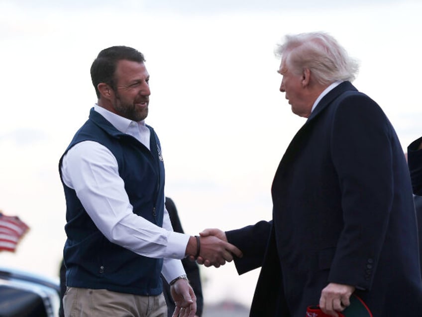 Senator Markwayne Mullin (R-OK) greets President Donald Trump as he arrives at Philadelphi