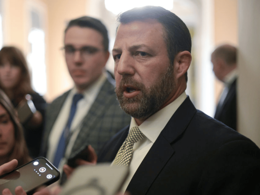 WASHINGTON, DC - FEBRUARY 18: U.S. Sen. Markwayne Mullin (R-OK) speaks to members of the p