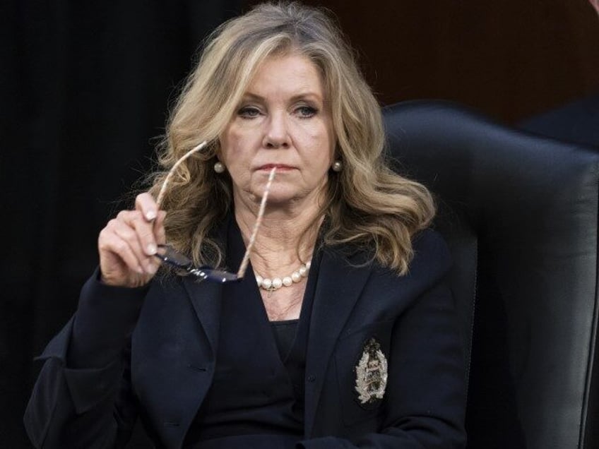 Sen. Marsha Blackburn, R-Tenn., listens as the Senate Judiciary Committee begins debate on