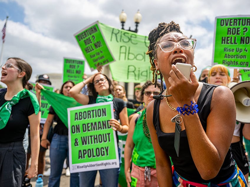 Abortion rights demonstrator Elizabeth White leads a chant in response to the Dobbs v Jack