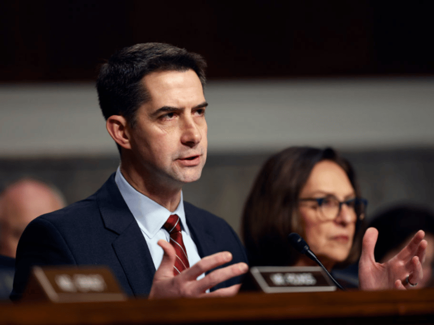 WASHINGTON, DC - JANUARY 14: U.S. Sen. Tom Cotton (R-AK) questions U.S. President-elect Do