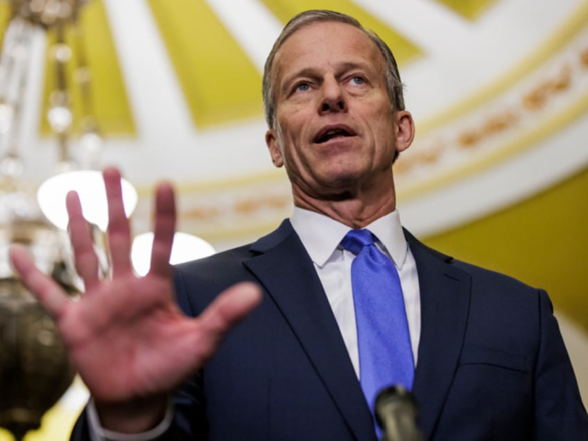 WASHINGTON, DC - JANUARY 9: U.S. Senator John Thune (R-SD) speaks during a press conference following the Senate Republican weekly policy luncheon at the U.S. Capitol on January 9, 2024 in Washington, DC. Senators and Representatives from both parties reached a bi-partisan deal over the holiday break on the 2024 budget but its future is still unclear as it is brought to both chambers of Congress for a vote as the January 19 deadline approaches. (Photo by Samuel Corum/Getty Images)