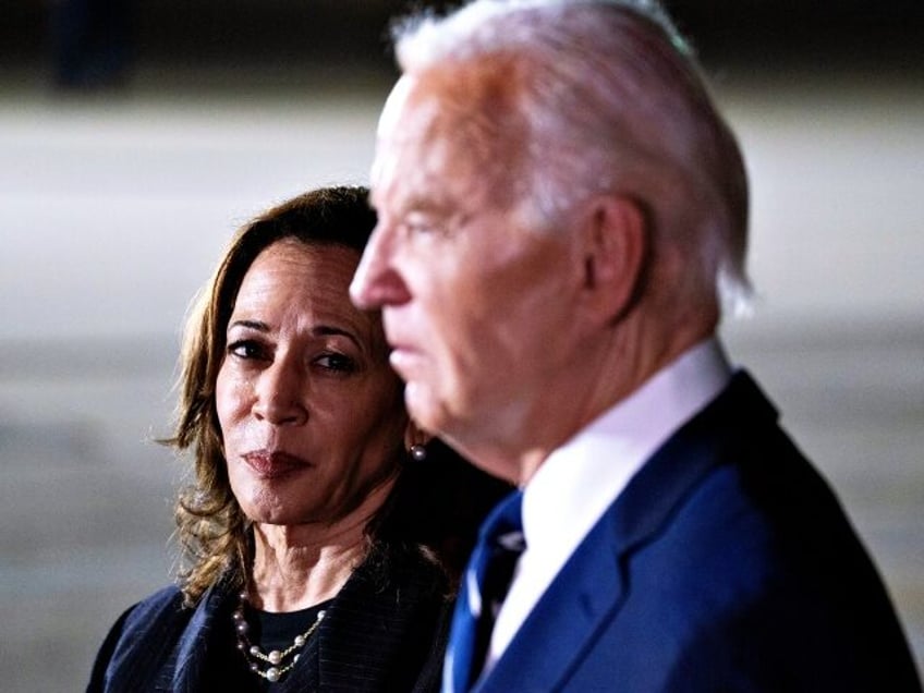 US Vice President Kamala Harris, left, watches as President Joe Biden speaks to members of