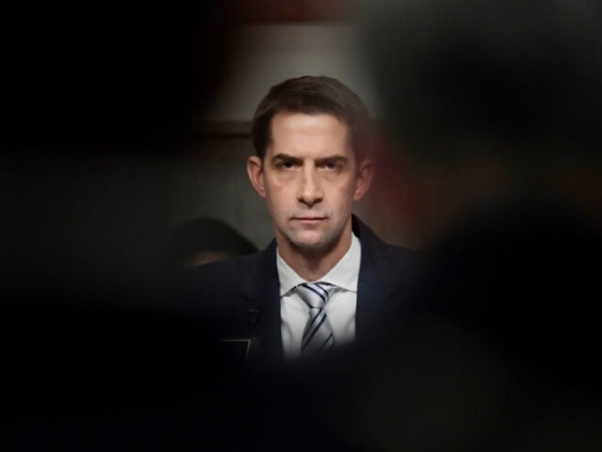 Sen. Tom Cotton, R-Ark., pauses during a Senate Armed Services Committee hearing on Capito