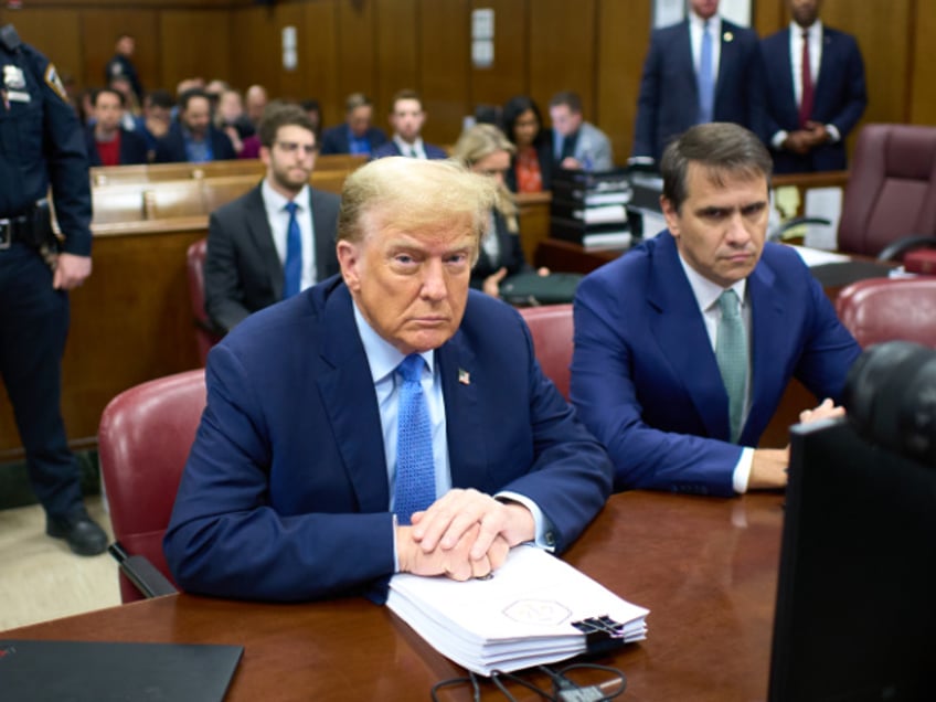 NEW YORK, NEW YORK - APRIL 26: Former U.S. President Donald Trump (L) appears in court with his attorney Todd Blanche during his trial for allegedly covering up hush money payments at Manhattan Criminal Court on April 26, 2024 in New York City. Former U.S. President Donald Trump faces 34 felony counts of falsifying business records in the first of his criminal cases to go to trial. (Photo by Curtis Means-Pool/Getty Images)