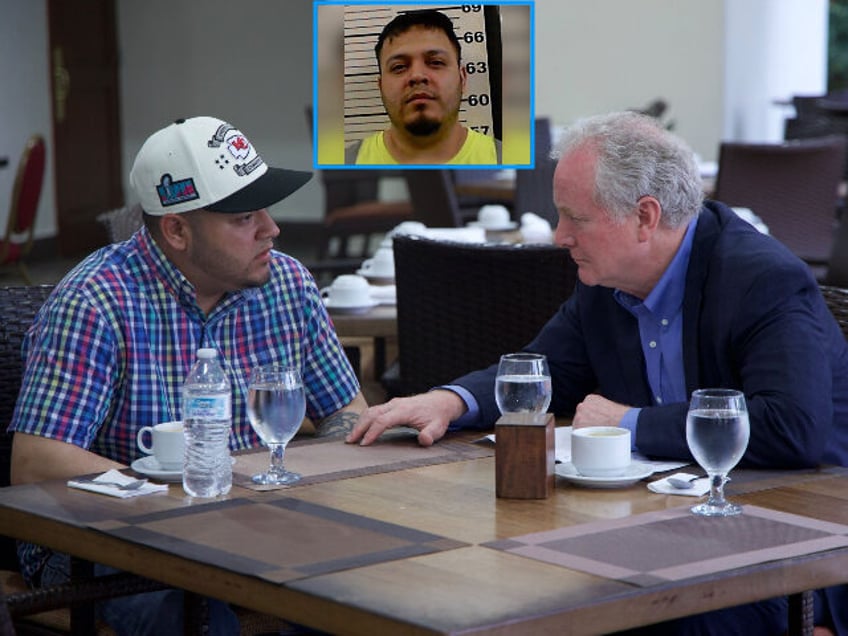 Maryland Sen. Chris Van Hollen, right, speaks with Kilmar Abrego Garcia, a Salvadoran citi
