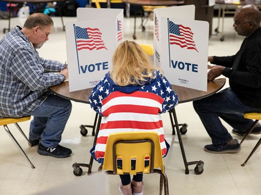 HERNDON, VA - MARCH 03: Voters fill in their ballots for the Democratic presidential prima