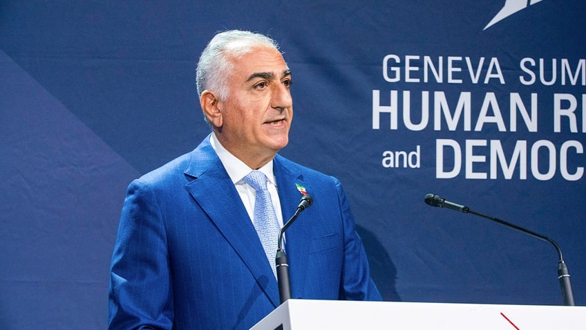 Iranian Crown Prince Reza Pahlavi addresses a summit in Geneva