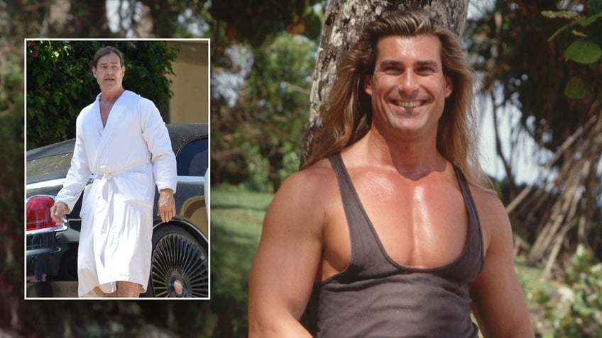 Fabio shows off his muscles in a tank top, covers up in a bathrobe.