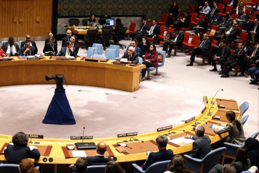 Palestinian Ambassador to the United Nations Riyad Mansour speaks during a United Nations Security Council meeting on Gaza at UN headquarters in New York on December 8, 2023