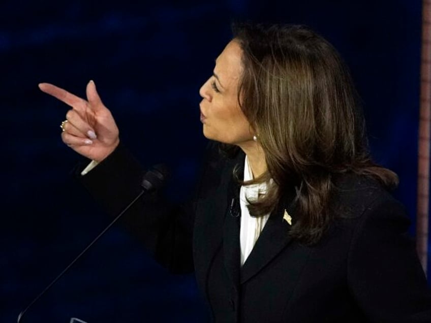 Democratic presidential nominee Vice President Kamala Harris speaks during a presidential