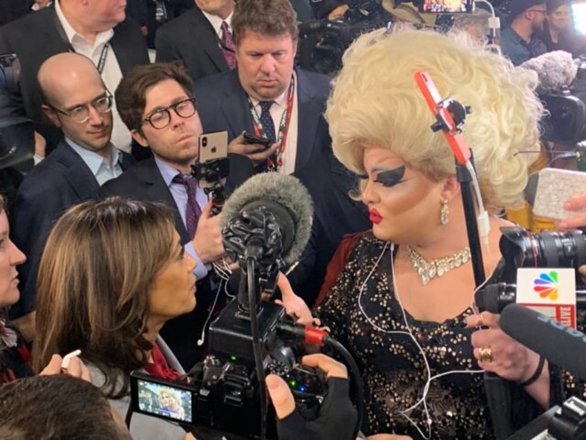 Kamala and drag queen (Joel Pollak / Breitbart News)