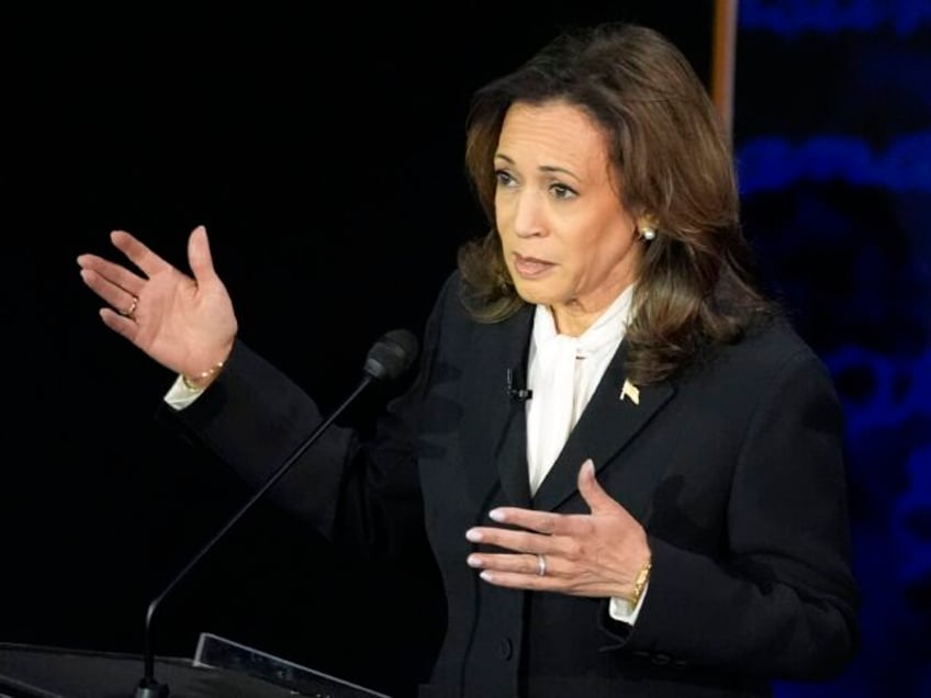 Democratic presidential nominee Vice President Kamala Harris speaks during a presidential