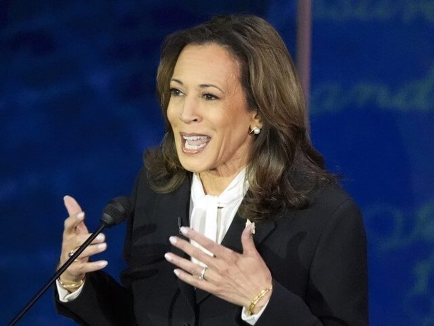 Democratic presidential nominee Vice President Kamala Harris speaks during a presidential