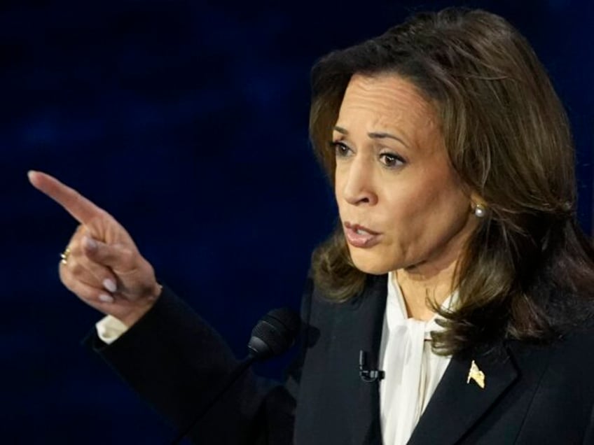 Democratic presidential nominee Vice President Kamala Harris speaks during a presidential