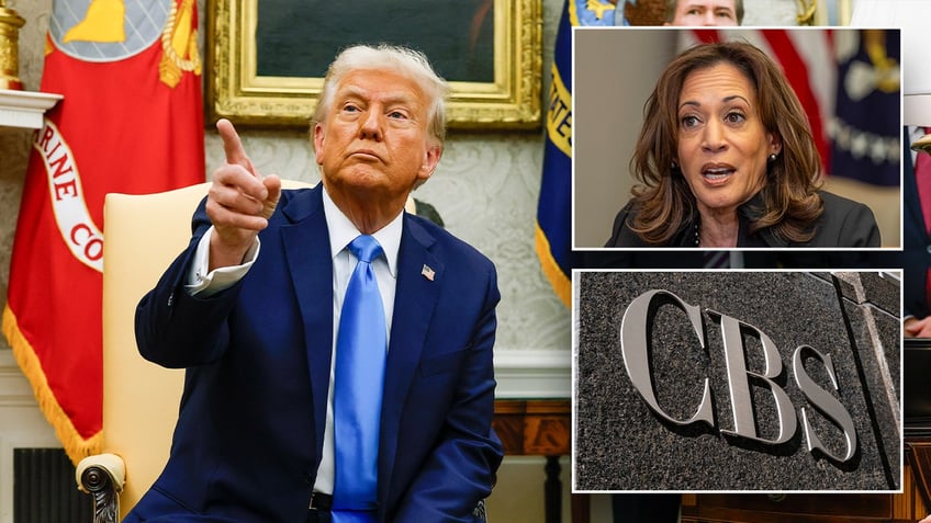 Trump, Harris, CBS logo