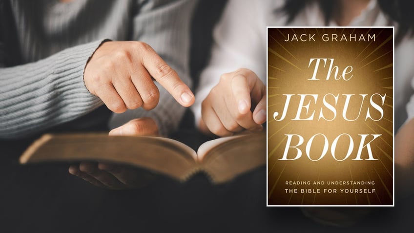 A split image of an inset of "The Jesus Book" cover, which is gold with "THE JESUS BOOK" written in white. It is over two people pointing at the bible, a man and a woman.