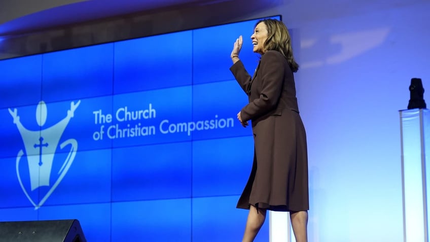 Democratic presidential nominee Vice President Kamala Harris arrives to speak during a service at the Church of Christian Compassion on Sunday, Oct. 27, 2024 in Philadelphia.