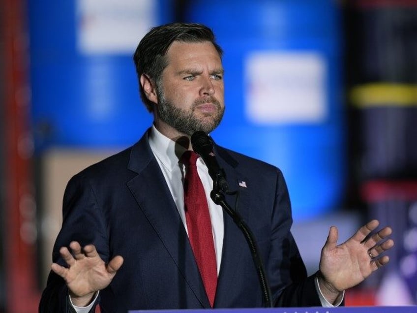 Republican vice presidential nominee Sen. JD Vance, R-Ohio, speaks at a campaign rally, Mo