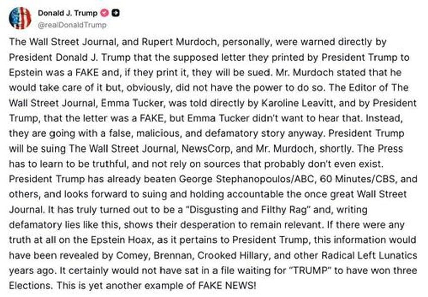 false malicious defamatory trump demands unsealing of epstein files threatens lawsuit after wsj hit piece