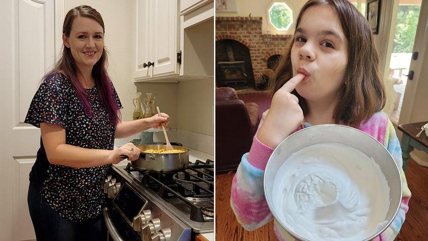 Teralyn Pilgrim smiles as she cooks in her kitchen, right. Pilgrim's daughter, left, licks frosting off her finger.