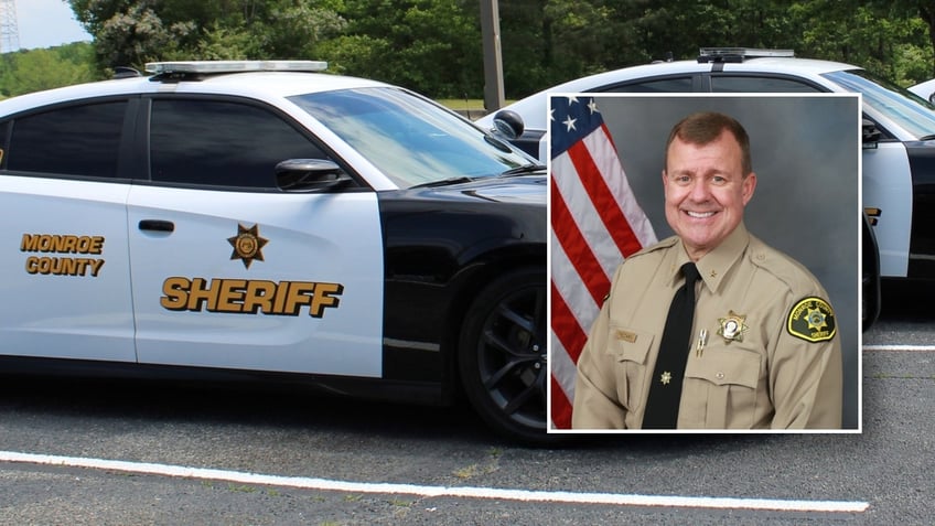 Monroe County Sheriff Brad Freeman's headshot over a photo of Monroe County Sheriff vehicles