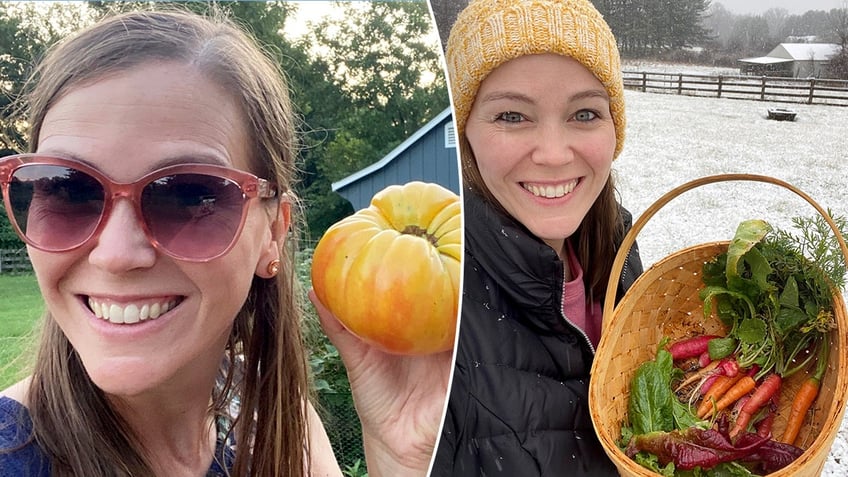 Christen McCoy shows off vegetables from her garden in different seasons. On the left, she's seen holding a pumpkin. On the right, she's seen holding a basket with carrots and cabbage.