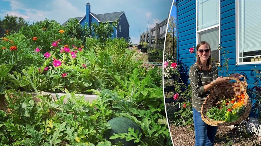 Christen McCoy is pictured holding a basket of vegetables grown in her garden, left.