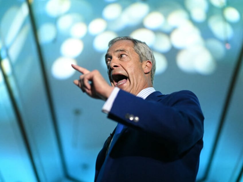 Leader of Reform UK Nigel Farage delivers a speech at a hotel in Blackpool, northwestern E