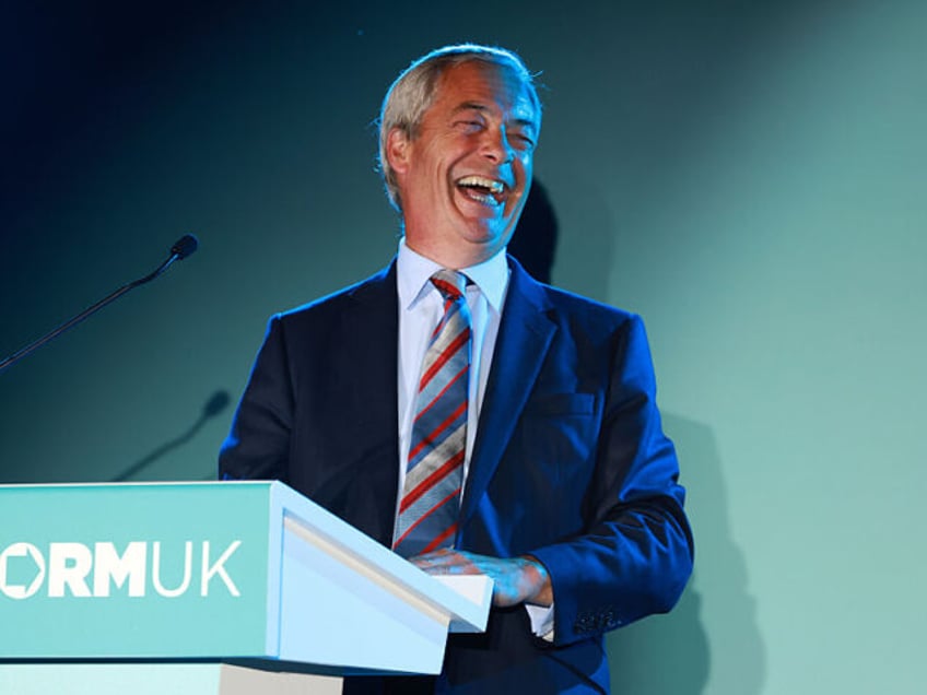 PADDOCK WOOD, ENGLAND - MAY 02: Leader of Reform UK Nigel Farage addresses supporters and