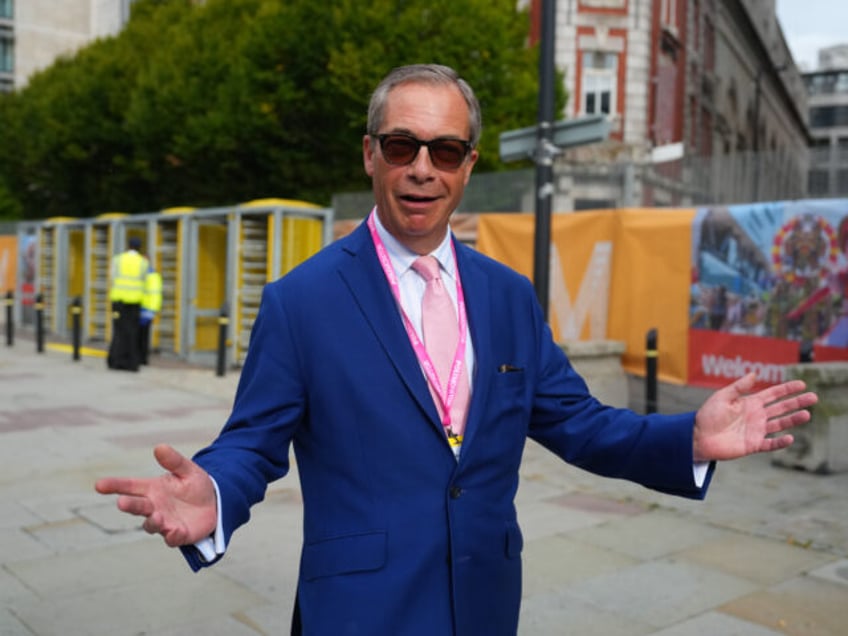 MANCHESTER, ENGLAND - OCTOBER 2: Former Leader of the United Kingdom Independence Party (UKIP) Nigel Farage attends day two of the Conservative Party Conference 2023 on October 2, 2023 in Manchester, England. Chancellor of the Exchequer Jeremy Hunt will deliver his keynote speech to delegates at The Conservative Party Conference, …