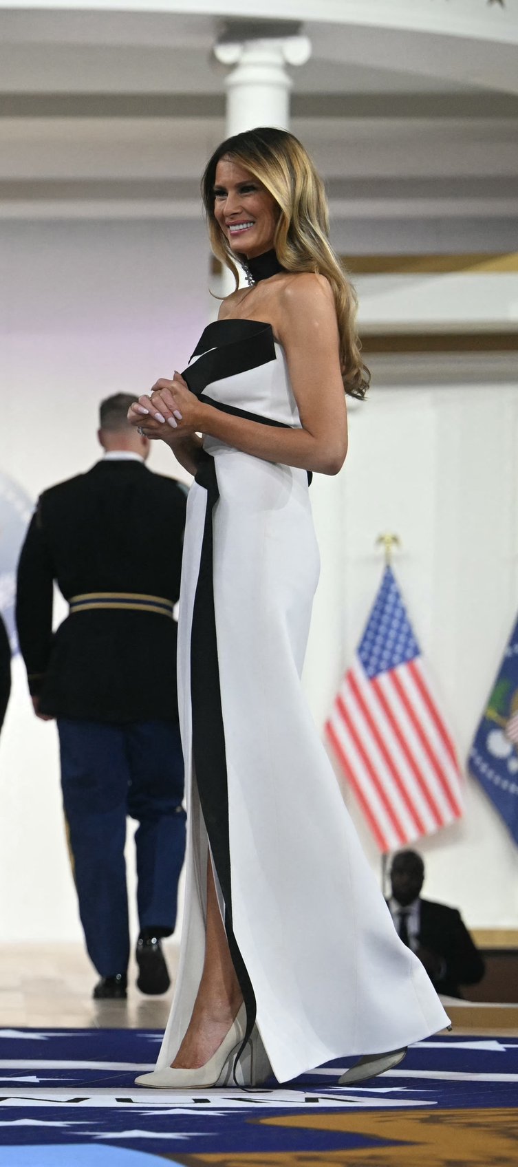 fashion notes melania trump attends inaugural ball in custom herve pierre evening gown